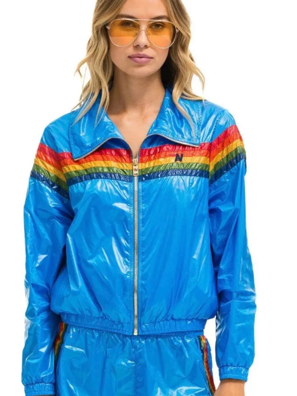 Aviator Nation Bright Blue Rainbow-Stripe Bomber Jacket